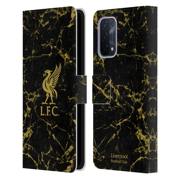 Liverpool Football Club Crest & Liverbird Patterns 1 Black & Gold Marble Leather Book Wallet Case Cover For OPPO A54 5G
