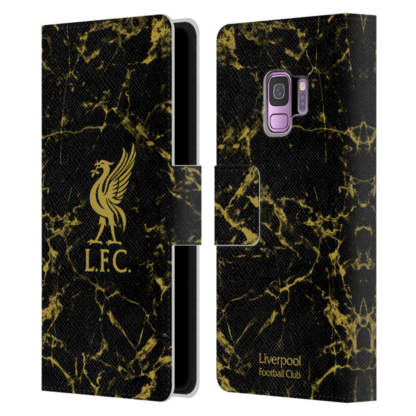 Liverpool Football Club Crest & Liverbird Patterns 1 Black & Gold Marble Leather Book Wallet Case Cover For Samsung Galaxy S9
