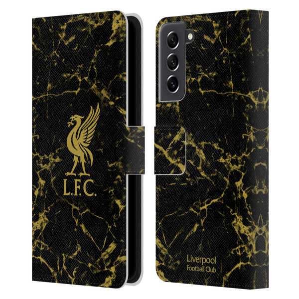 Liverpool Football Club Crest & Liverbird Patterns 1 Black & Gold Marble Leather Book Wallet Case Cover For Samsung Galaxy S21 FE 5G