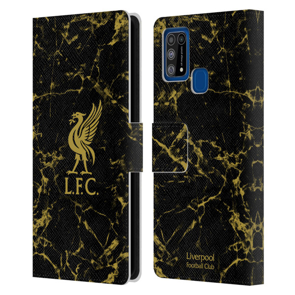 Liverpool Football Club Crest & Liverbird Patterns 1 Black & Gold Marble Leather Book Wallet Case Cover For Samsung Galaxy M31 (2020)