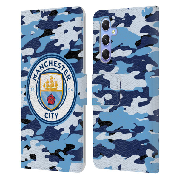 Manchester City Man City FC Badge Camou Blue Moon Leather Book Wallet Case Cover For Samsung Galaxy A34 5G