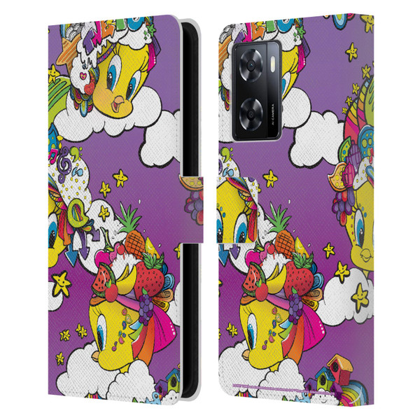 Looney Tunes Patterns Tweety Purple Leather Book Wallet Case Cover For OPPO A57s