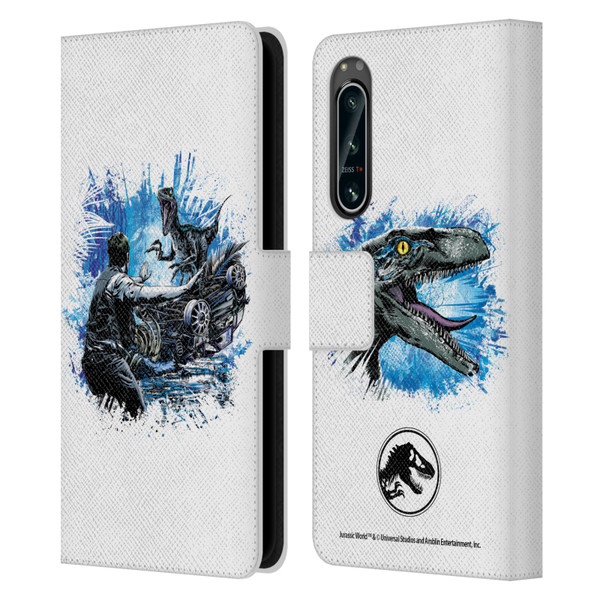 Jurassic World Fallen Kingdom Key Art Blue & Owen Distressed Look Leather Book Wallet Case Cover For Sony Xperia 5 IV