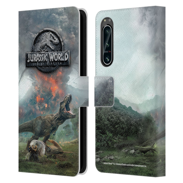 Jurassic World Fallen Kingdom Key Art T-Rex Volcano Leather Book Wallet Case Cover For Sony Xperia 5 IV