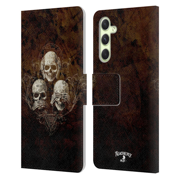 Alchemy Gothic Skull No Evil Three Skull Leather Book Wallet Case Cover For Samsung Galaxy A54 5G