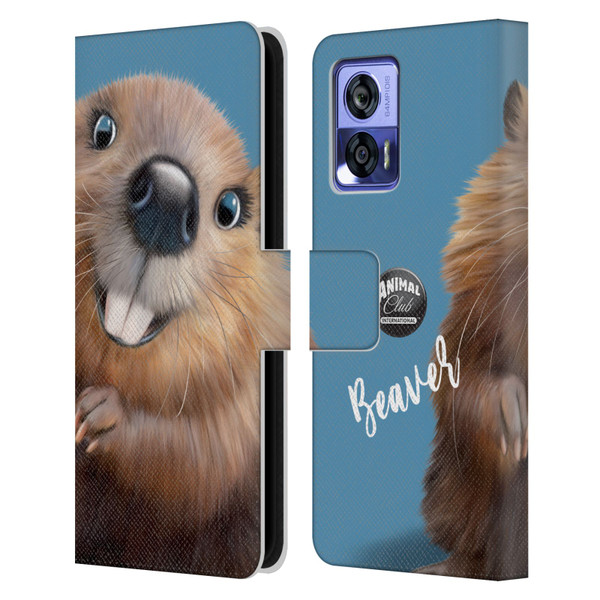 Animal Club International Faces Beaver Leather Book Wallet Case Cover For Motorola Edge 30 Neo 5G
