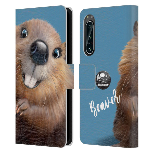 Animal Club International Faces Beaver Leather Book Wallet Case Cover For Sony Xperia 5 IV