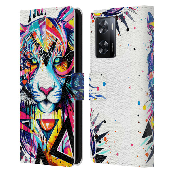 Pixie Cold Cats Shattered Tiger Leather Book Wallet Case Cover For OPPO A57s