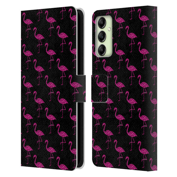PLdesign Sparkly Flamingo Pink Pattern On Black Leather Book Wallet Case Cover For Samsung Galaxy A14 5G