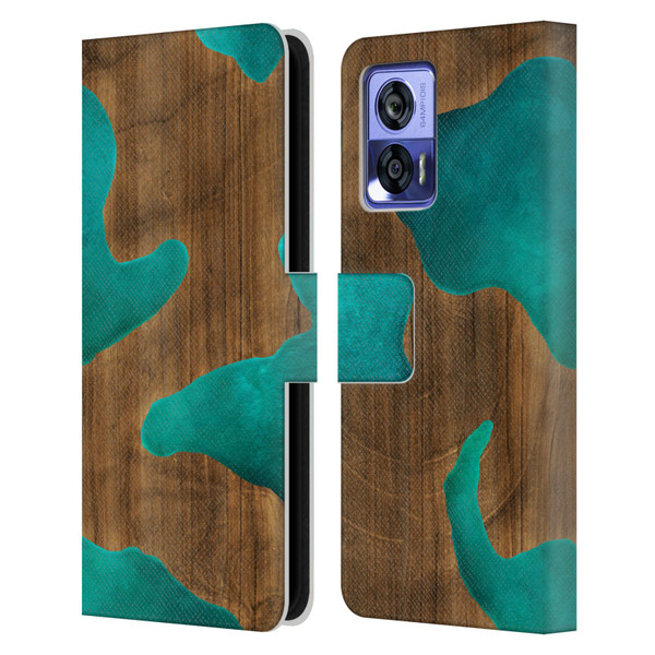 Alyn Spiller Wood & Resin Aqua Leather Book Wallet Case Cover For Motorola Edge 30 Neo 5G