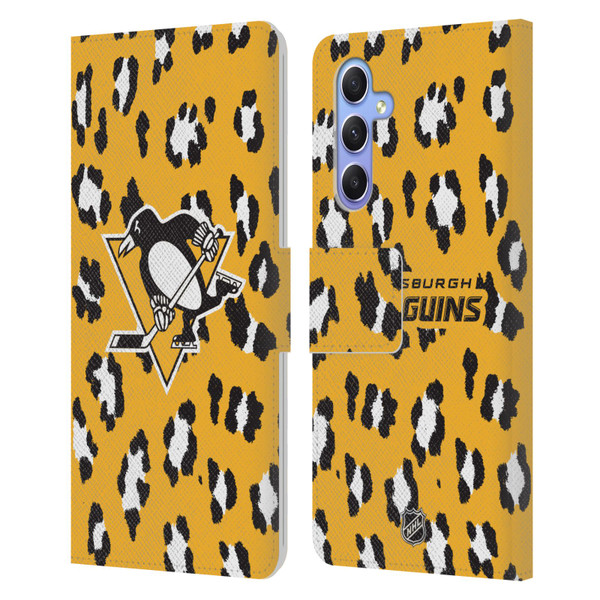NHL Pittsburgh Penguins Leopard Patten Leather Book Wallet Case Cover For Samsung Galaxy A34 5G