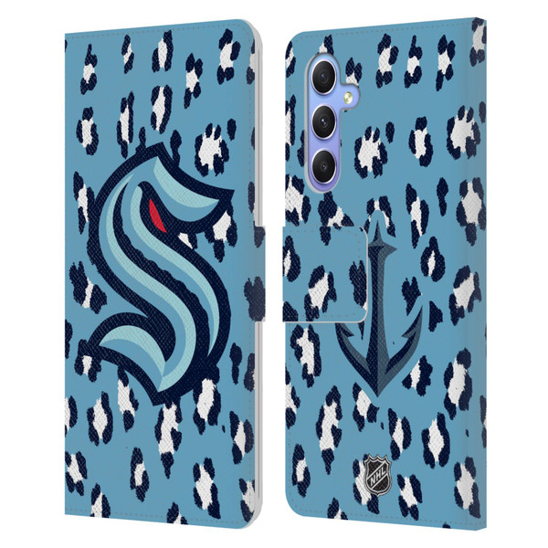 NHL Seattle Kraken Leopard Patten Leather Book Wallet Case Cover For Samsung Galaxy A34 5G