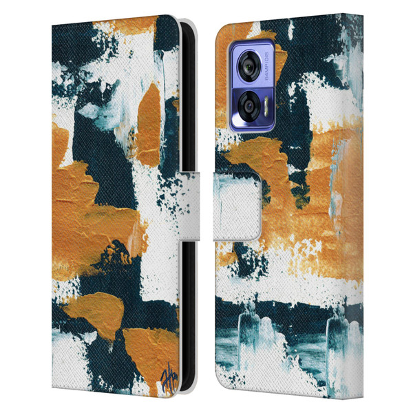 Haley Bush Pattern Painting Abstract Navy Gold White Leather Book Wallet Case Cover For Motorola Edge 30 Neo 5G