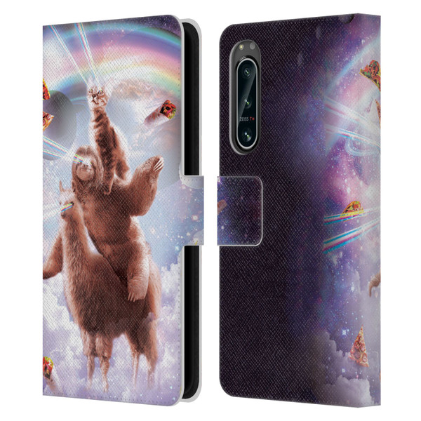 Random Galaxy Space Llama Sloth & Cat Lazer Eyes Leather Book Wallet Case Cover For Sony Xperia 5 IV