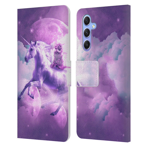 Random Galaxy Space Unicorn Ride Purple Galaxy Cat Leather Book Wallet Case Cover For Samsung Galaxy A34 5G