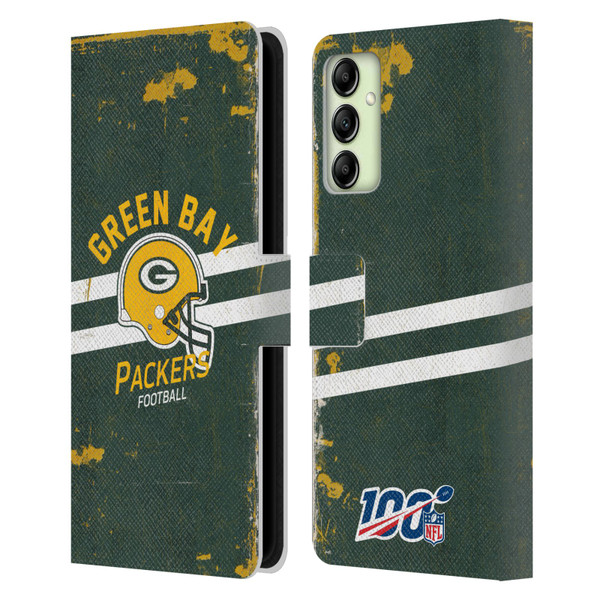 NFL Green Bay Packers Logo Art Helmet Distressed Leather Book Wallet Case Cover For Samsung Galaxy A14 5G
