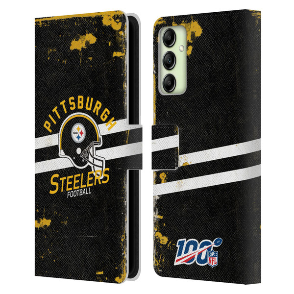 NFL Pittsburgh Steelers Logo Art Helmet Distressed Leather Book Wallet Case Cover For Samsung Galaxy A14 5G