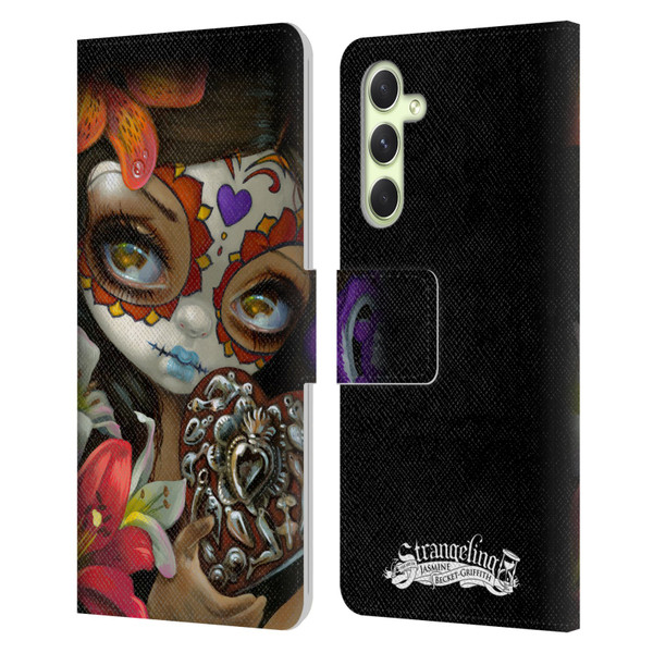 Strangeling Art Day of Dead Heart Charm Leather Book Wallet Case Cover For Samsung Galaxy A54 5G