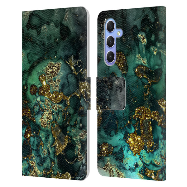 UtArt Malachite Emerald Gold And Seafoam Green Leather Book Wallet Case Cover For Samsung Galaxy A34 5G