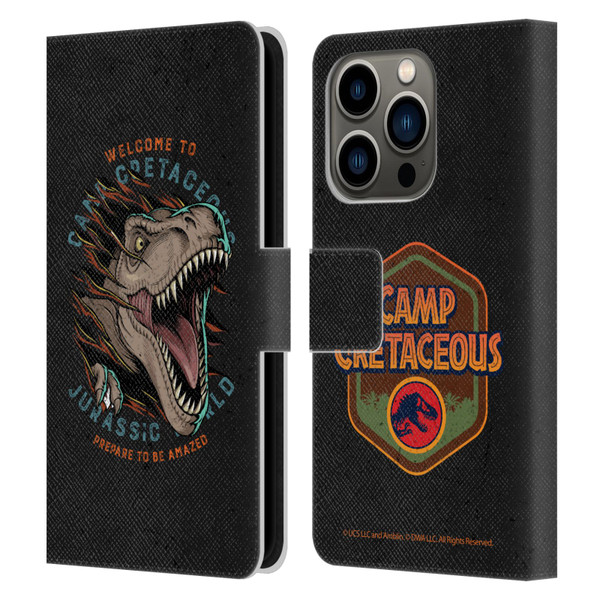 Jurassic World: Camp Cretaceous Dinosaur Graphics Welcome Leather Book Wallet Case Cover For Apple iPhone 14 Pro