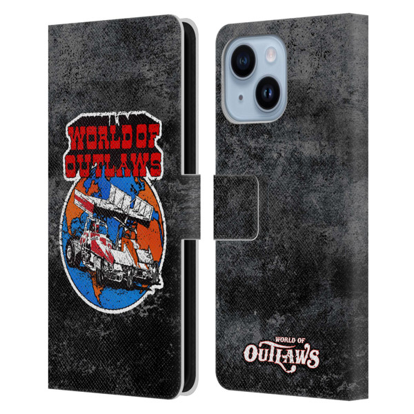 World of Outlaws Western Graphics Distressed Sprint Car Logo Leather Book Wallet Case Cover For Apple iPhone 14 Plus