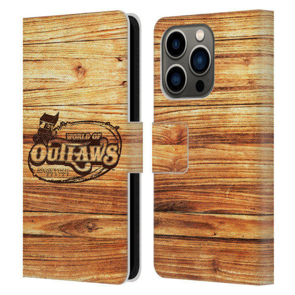 World of Outlaws Western Graphics Wood Logo Leather Book Wallet Case Cover For Apple iPhone 14 Pro