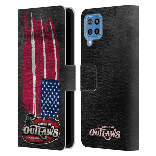 World of Outlaws Western Graphics US Flag Distressed Leather Book Wallet Case Cover For Samsung Galaxy F22 (2021)