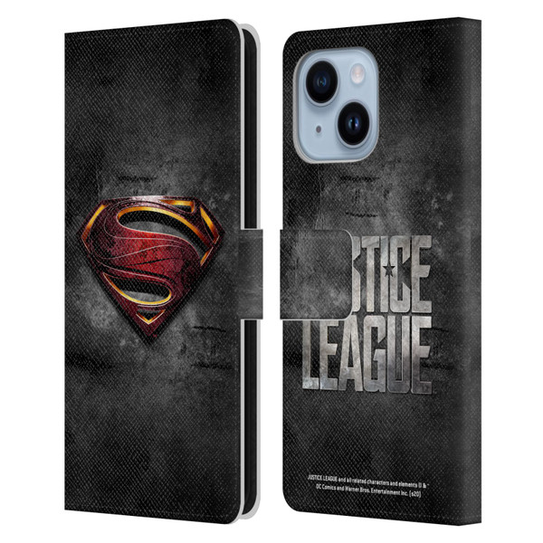 Justice League Movie Superman Logo Art Man Of Steel Leather Book Wallet Case Cover For Apple iPhone 14 Plus