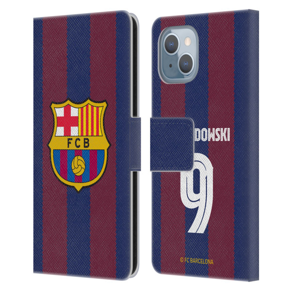 FC Barcelona 2023/24 Players Home Kit Robert Lewandowski Leather Book Wallet Case Cover For Apple iPhone 14