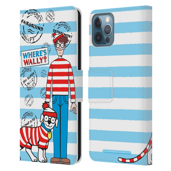 Where's Wally? Graphics Stripes Blue Leather Book Wallet Case Cover For Apple iPhone 12 / iPhone 12 Pro