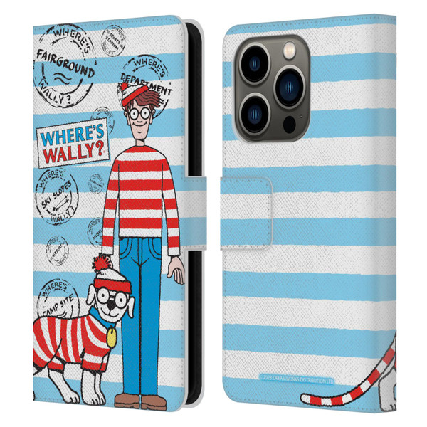 Where's Wally? Graphics Stripes Blue Leather Book Wallet Case Cover For Apple iPhone 14 Pro