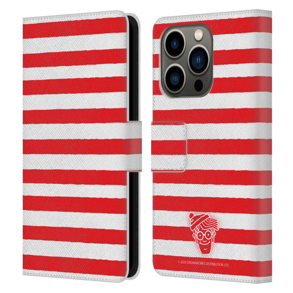 Where's Wally? Graphics Stripes Red Leather Book Wallet Case Cover For Apple iPhone 14 Pro
