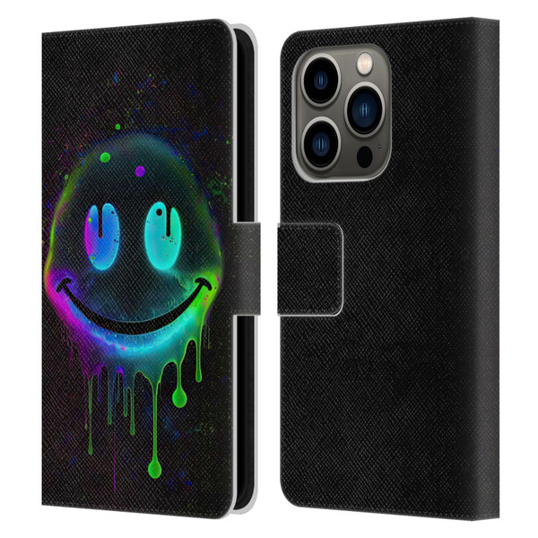 Wumples Cosmic Arts Drip Smiley Leather Book Wallet Case Cover For Apple iPhone 14 Pro