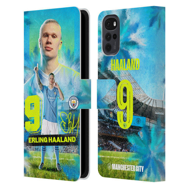 Manchester City Man City FC 2023/24 First Team Erling Haaland Leather Book Wallet Case Cover For Motorola Moto G22