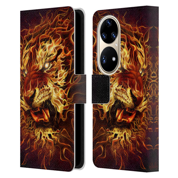 Tom Wood Fire Creatures Tiger Leather Book Wallet Case Cover For Huawei P50 Pro