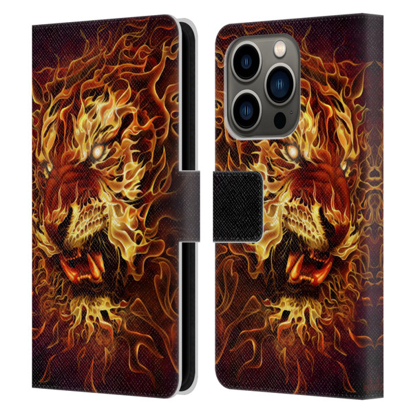 Tom Wood Fire Creatures Tiger Leather Book Wallet Case Cover For Apple iPhone 14 Pro