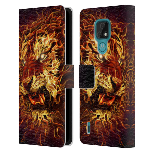 Tom Wood Fire Creatures Tiger Leather Book Wallet Case Cover For Motorola Moto E7