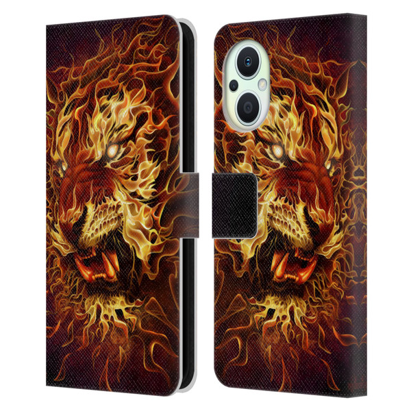 Tom Wood Fire Creatures Tiger Leather Book Wallet Case Cover For OPPO Reno8 Lite