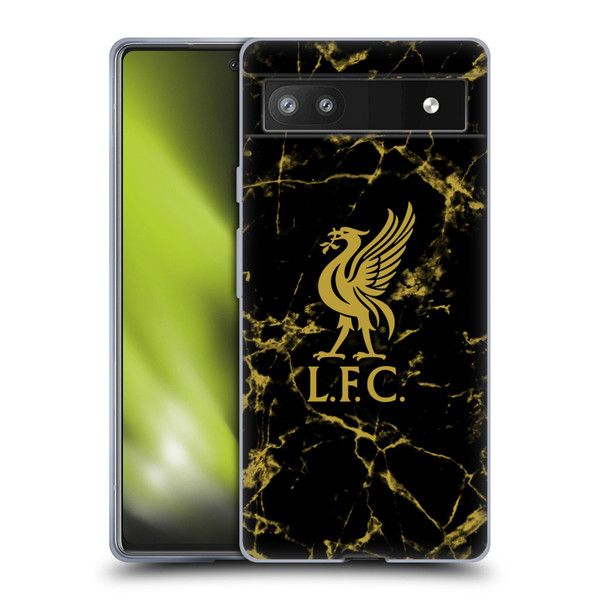 Liverpool Football Club Crest & Liverbird Patterns 1 Black & Gold Marble Soft Gel Case for Google Pixel 6a