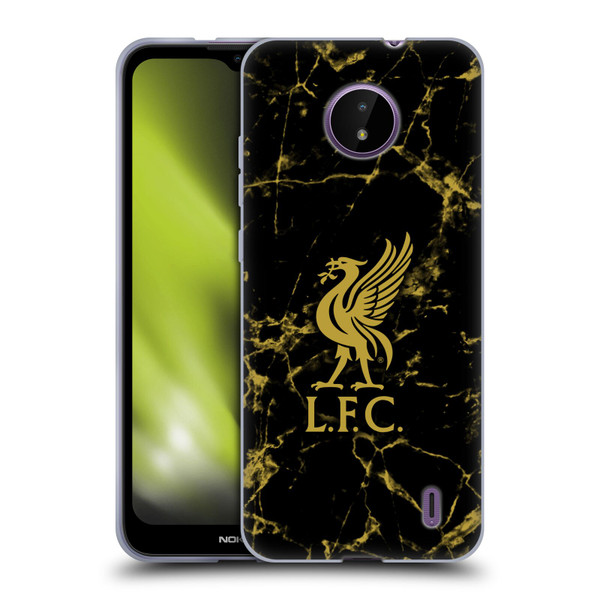 Liverpool Football Club Crest & Liverbird Patterns 1 Black & Gold Marble Soft Gel Case for Nokia C10 / C20