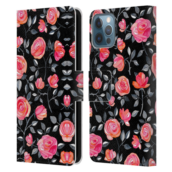 Micklyn Le Feuvre Florals Roses on Black Leather Book Wallet Case Cover For Apple iPhone 12 / iPhone 12 Pro