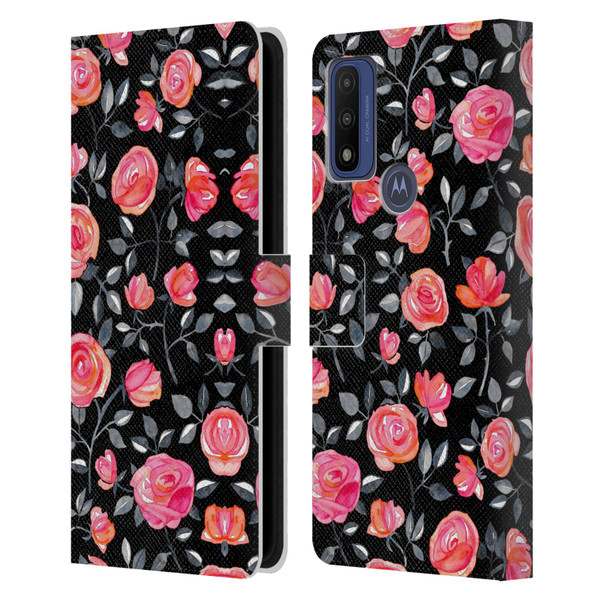 Micklyn Le Feuvre Florals Roses on Black Leather Book Wallet Case Cover For Motorola G Pure