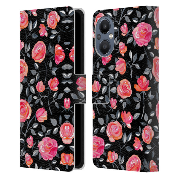 Micklyn Le Feuvre Florals Roses on Black Leather Book Wallet Case Cover For OnePlus Nord N20 5G