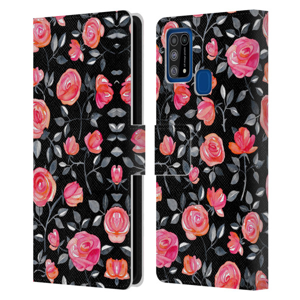 Micklyn Le Feuvre Florals Roses on Black Leather Book Wallet Case Cover For Samsung Galaxy M31 (2020)