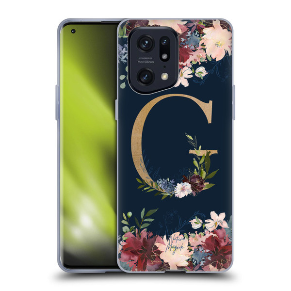 Nature Magick Floral Monogram Gold Navy Letter G Soft Gel Case for OPPO Find X5 Pro