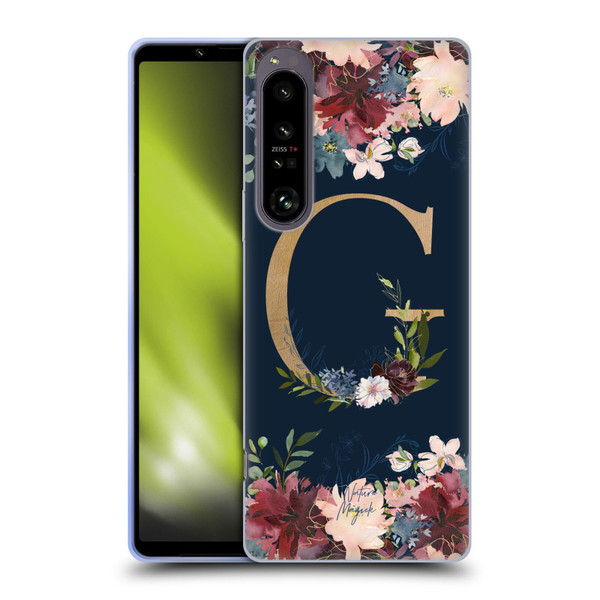 Nature Magick Floral Monogram Gold Navy Letter G Soft Gel Case for Sony Xperia 1 IV
