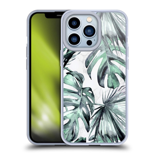 Nature Magick Tropical Palm Leaves On Marble Turquoise Green Island Soft Gel Case for Apple iPhone 13 Pro