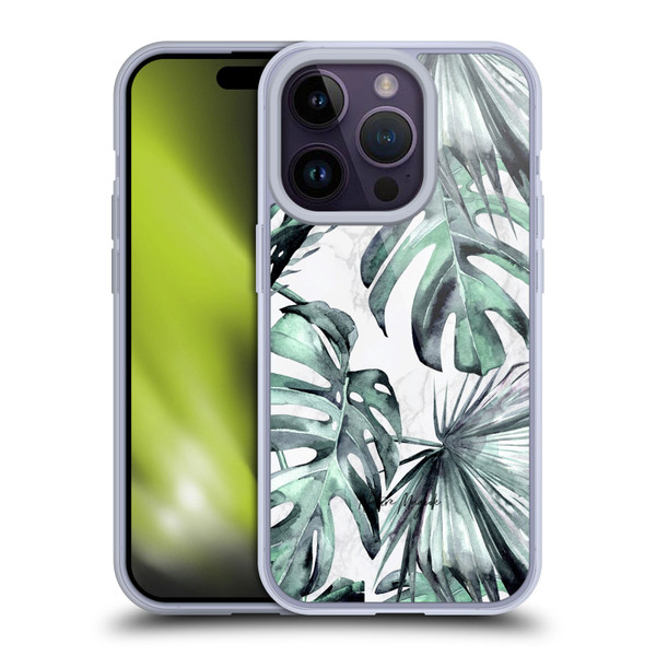 Nature Magick Tropical Palm Leaves On Marble Turquoise Green Island Soft Gel Case for Apple iPhone 14 Pro