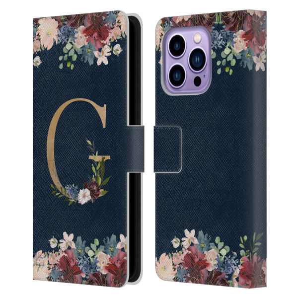 Nature Magick Floral Monogram Gold Navy Letter G Leather Book Wallet Case Cover For Apple iPhone 14 Pro Max
