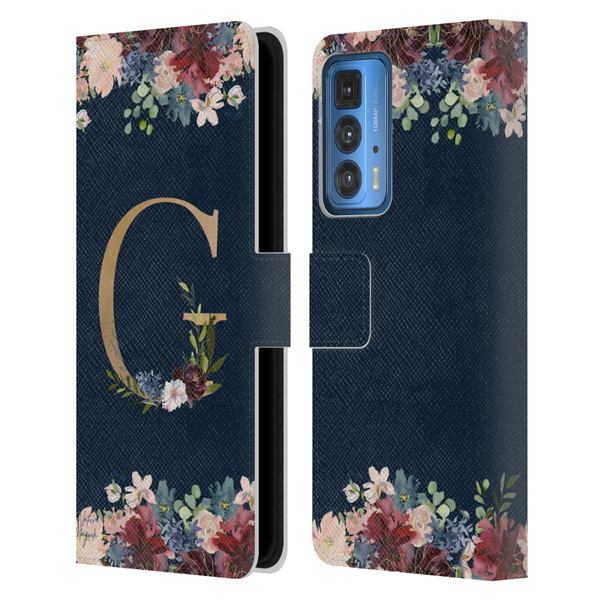 Nature Magick Floral Monogram Gold Navy Letter G Leather Book Wallet Case Cover For Motorola Edge 20 Pro